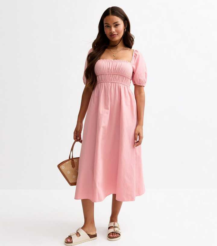Petite Pink Milkmaid Puff Sleeve Midi Dress | New Look | New Look (UK)