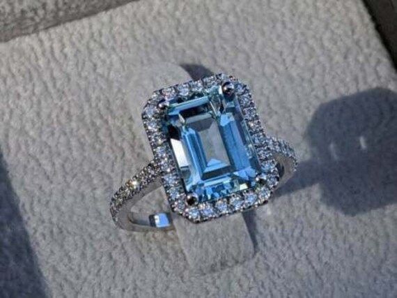 3.20 Ct Emerald Cut Aquamarine Diamond Halo Engagement Ring | Etsy | Etsy (US)