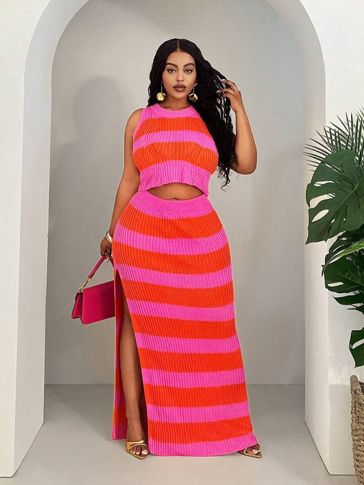 Slaydiva 2025 Summer&Beach New Plus Size Women's Vacation & Elegant & Sexy & Minimalist Orange & Fuchsia Striped Sleeveless Bodysuit Top Paired With Ribbed Pencil Skirt Knit Set | SHEIN