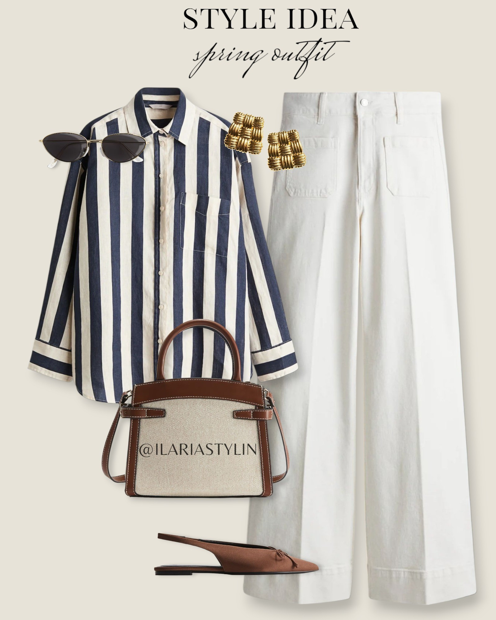 STYLE GUIDE: Spring Outfit 🌸✨                                                                                                                                                fashion inspo, spring fashion, spring outfit, casual outfit, casual ootd, chic outfit, chic ootd, striped shirt, linen shirt, oversized shirt, navy blue striped shirt, white jeans, wide leg jeans, brown slingbacks, bow decoreted slingbacks, canvas bag, tan bag, bag, crossbody bag, style inspo, women fashion

#LTKSeasonal #LTKStyleTip #LTKWorkwear