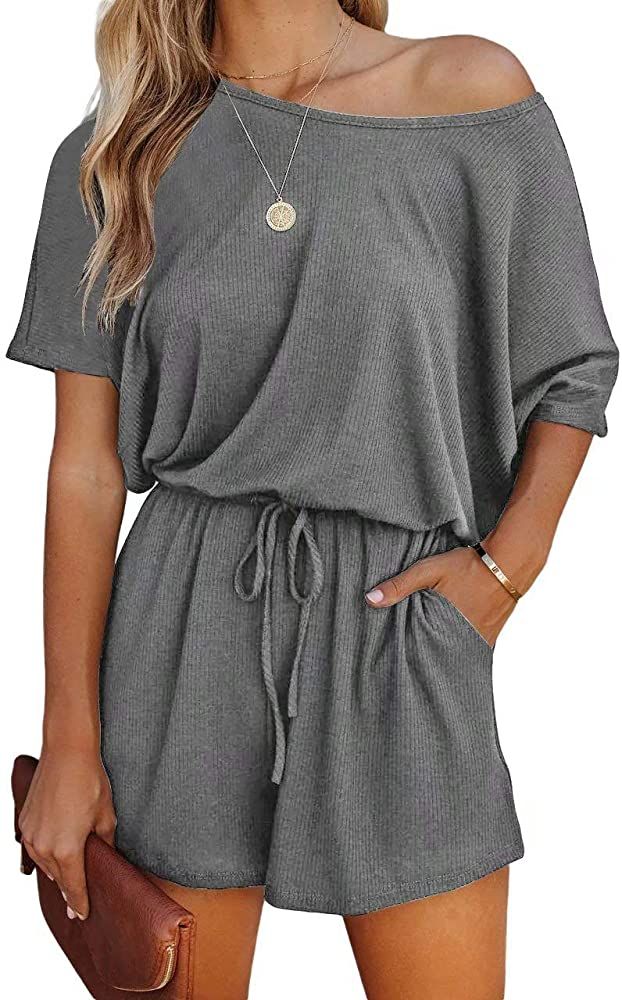 Lacozy Women's 2023 Summer Short Sleeve Off The Shoulder Rompers Casual Shorts One Piece Overall ... | Amazon (US)