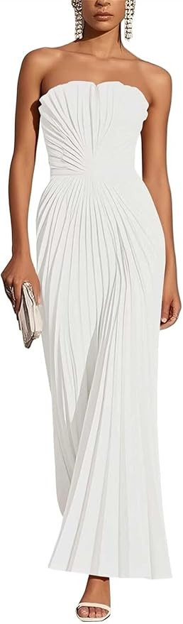 Strapless Satin Wedding Guest Dresses for Women Pleated A Line Long Bridesmaid Dresses for Weddin... | Amazon (US)