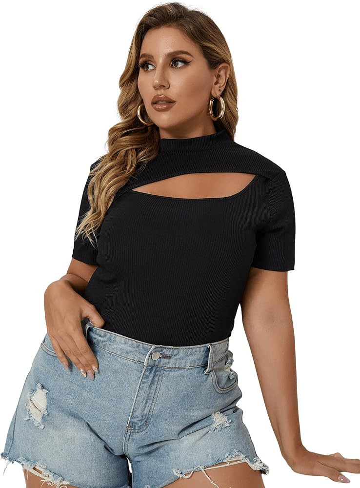 Romwe Women's Plus Size Cut Out Mock Neck Short Sleeve Tee T Shirt Tops | Amazon (US)