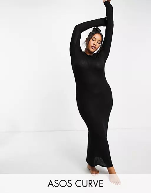 ASOS DESIGN curve long sleeve light knit body-conscious maxi beach dress in black | ASOS (Global)