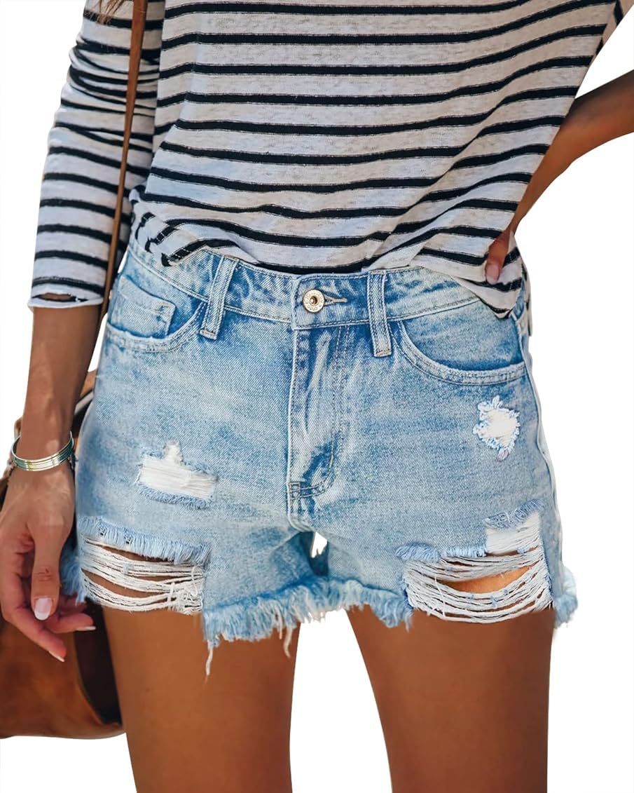 HOCAIES Women's Juniors Jean Shorts Frayed Raw Hem Ripped Denim Shorts for Women | Amazon (US)