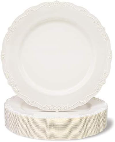 25 Pack Plastic Dinner Plates for Party, Cream with Fine Detailing (10 Inches) | Amazon (US)