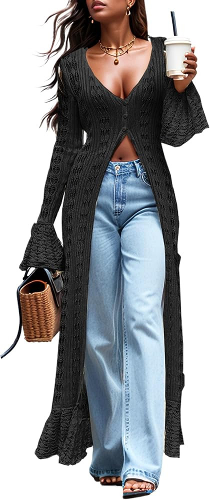 Cardigan Sweaters for Women Trendy Lightweight Crochet Long Duster Button Up Bell Long Sleeve Ruf... | Amazon (US)