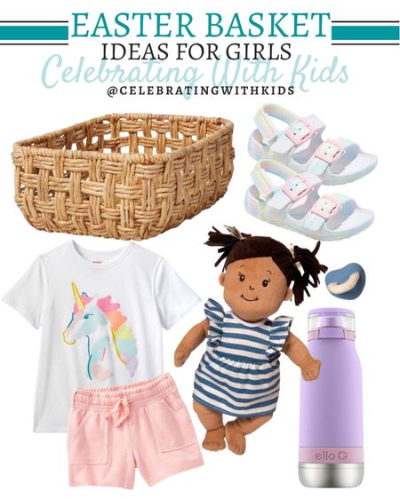 Easter basket idea for girls includes woven basket, soft doll with pacifier, sandals, water bottle, shorts, and unicorn shirt. Easter basket, kids basket, Easter basket stuffers, kids toys, girls toys, girls clothes



#LTKfamily #LTKkids #LTKbaby