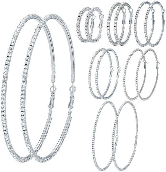 7 Pairs Gold Silver Large Rhinestone Hoop Earrings Set Big Sparkly 3-10cm Round Hoops Earrings Je... | Amazon (US)