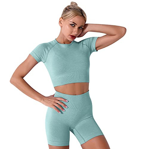 Workout Sets for Women 2 Piece Biker Short Pants Yoga Outfit Short Sleeve Seamless Crop Top Sports Bra High Waisted Running Shorts Sets Activewear Athletic Fitness Gym Active Tracksuit Dark Green M | Amazon (US)