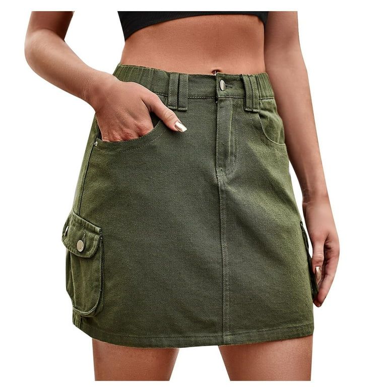 JWZUY Women's Cargo Skirt Button Mini Cargo Denim Skirt with Pocket Army Green XL | Walmart (US)