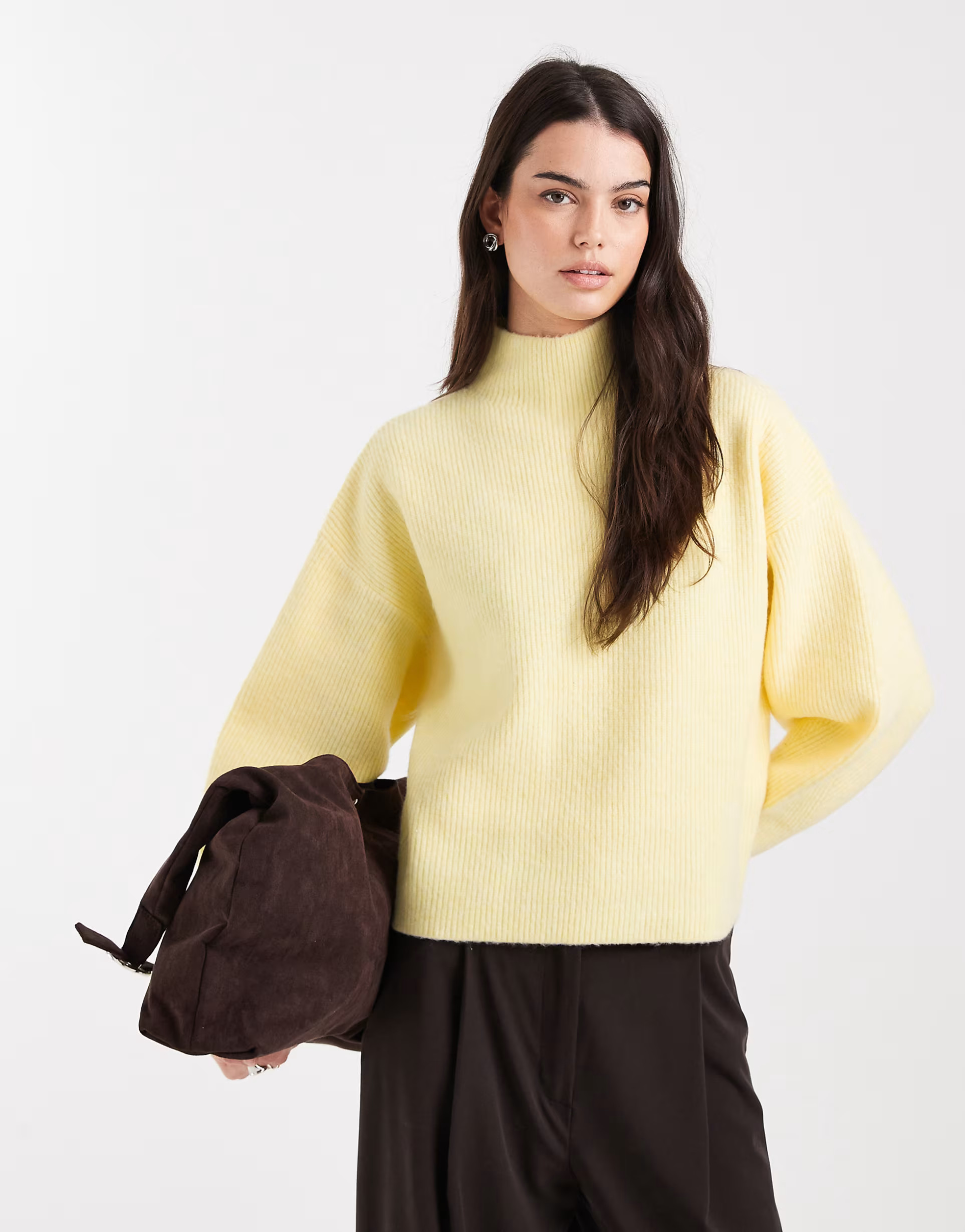 ASOS DESIGN volume sleeve funnel neck sweater in buttermilk | ASOS (Global)
