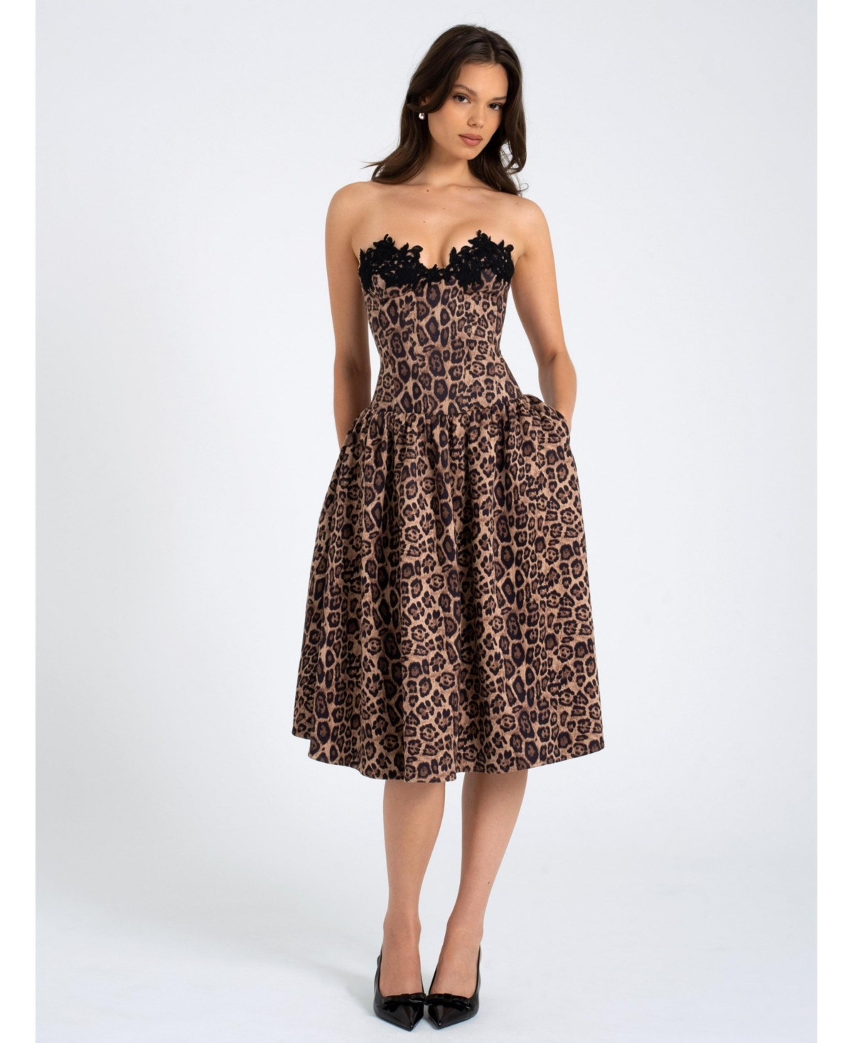 Miss Circle Women Uchenna Cheetah Print Stretchy Strapless Midi Dress with lace trim - Cheetah print | Macy's
