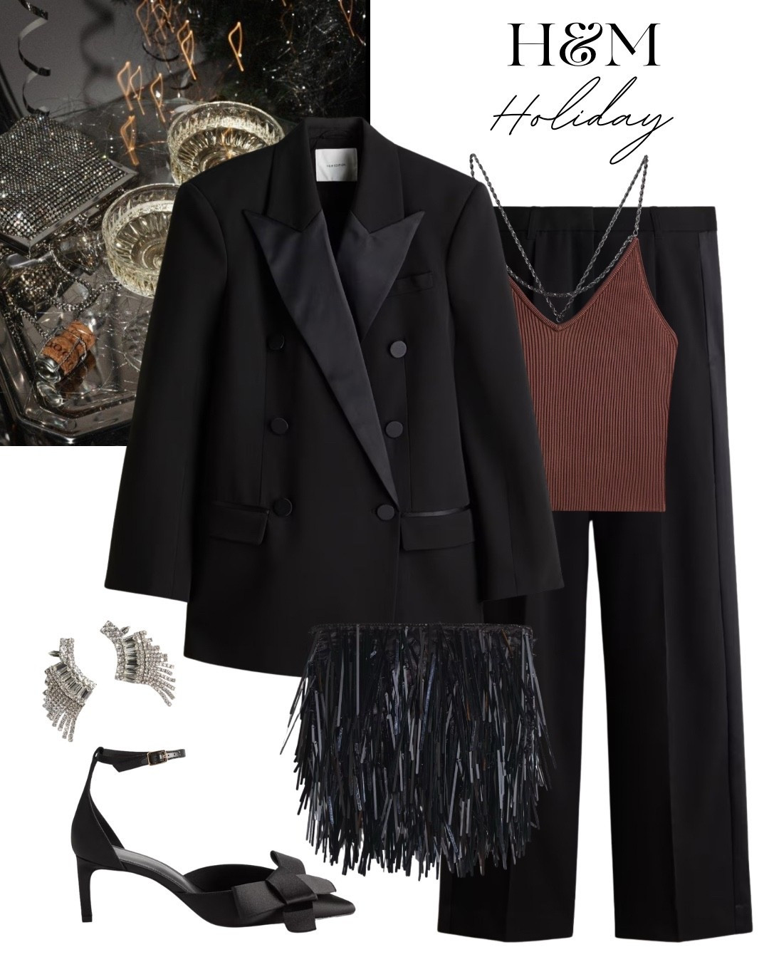 New in h&m holiday drop 🥂

Tags: Christmas outfit, holiday look, tuxedo pants, black tuxedo blazer, party clutch, bow heels, statement earrings, neutral aesthetic, elevated winter party outfit 
