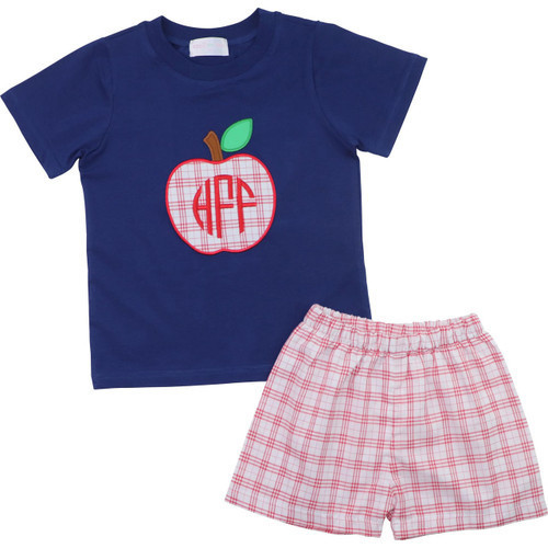 Red Plaid Applique Apple Short Set  - Shipping Mid July | Cecil and Lou