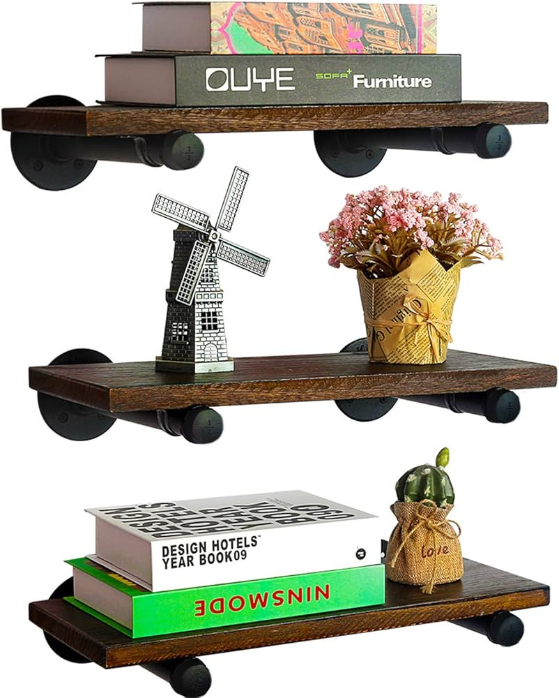 MANTE BLONG QTSARTISAN Floating Shelves with Industrial Pipe Brackets Rustic Set of 3, Wall Mount... | Amazon (US)