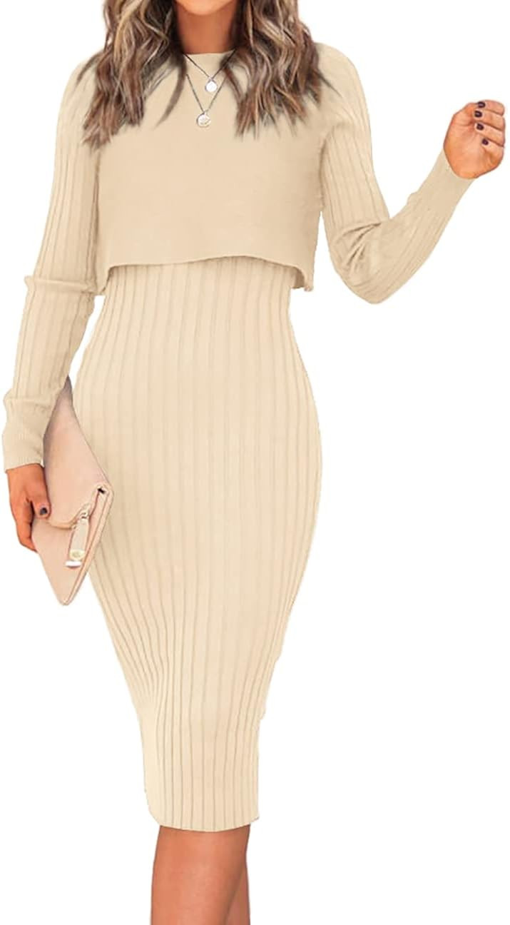 Ezbelle Women's Long Sleeve Sweater Dresses 2 Piece Outfits Sets Ribbed Knit Crop Tops and Tank B... | Amazon (US)