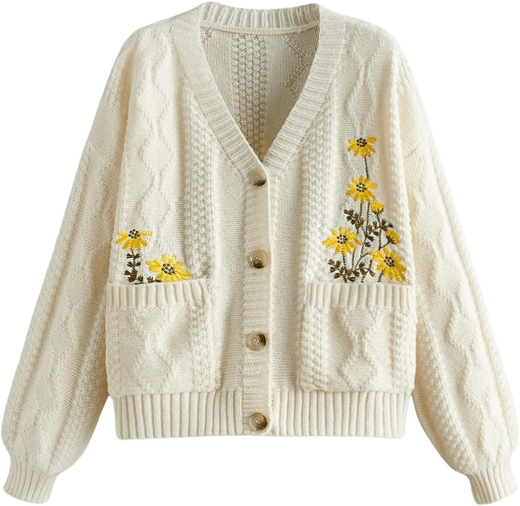 GORGLITTER Women's Chunky Boho Button Up Cute Cardigan Embroideried Fall Trendy 2025 Sweaters Cot... | Amazon (US)