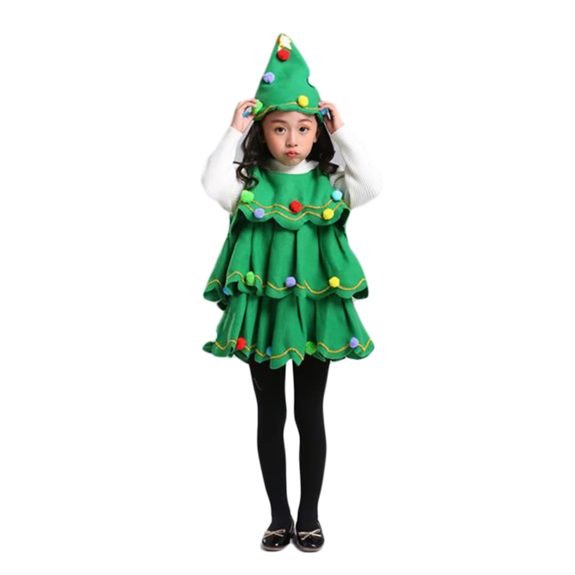Jamlynbo Kids Little Girls Christmas Tree Ruffled Layer Dress with Hat Fur Ball Decoration Holida... | Walmart (US)