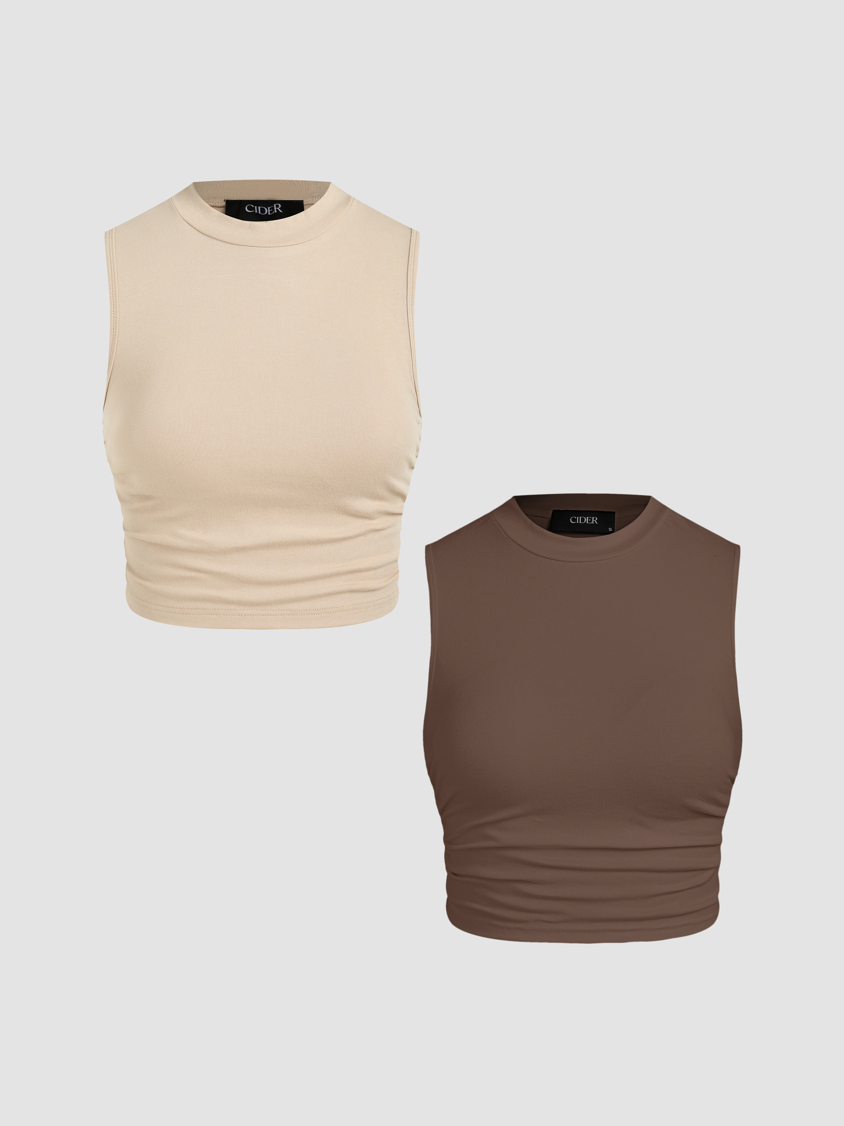 Cute Tops Knit Fabric  2 Pack Round Neck Solid Ruched Crop Tank Top For Daily Casual | Cider