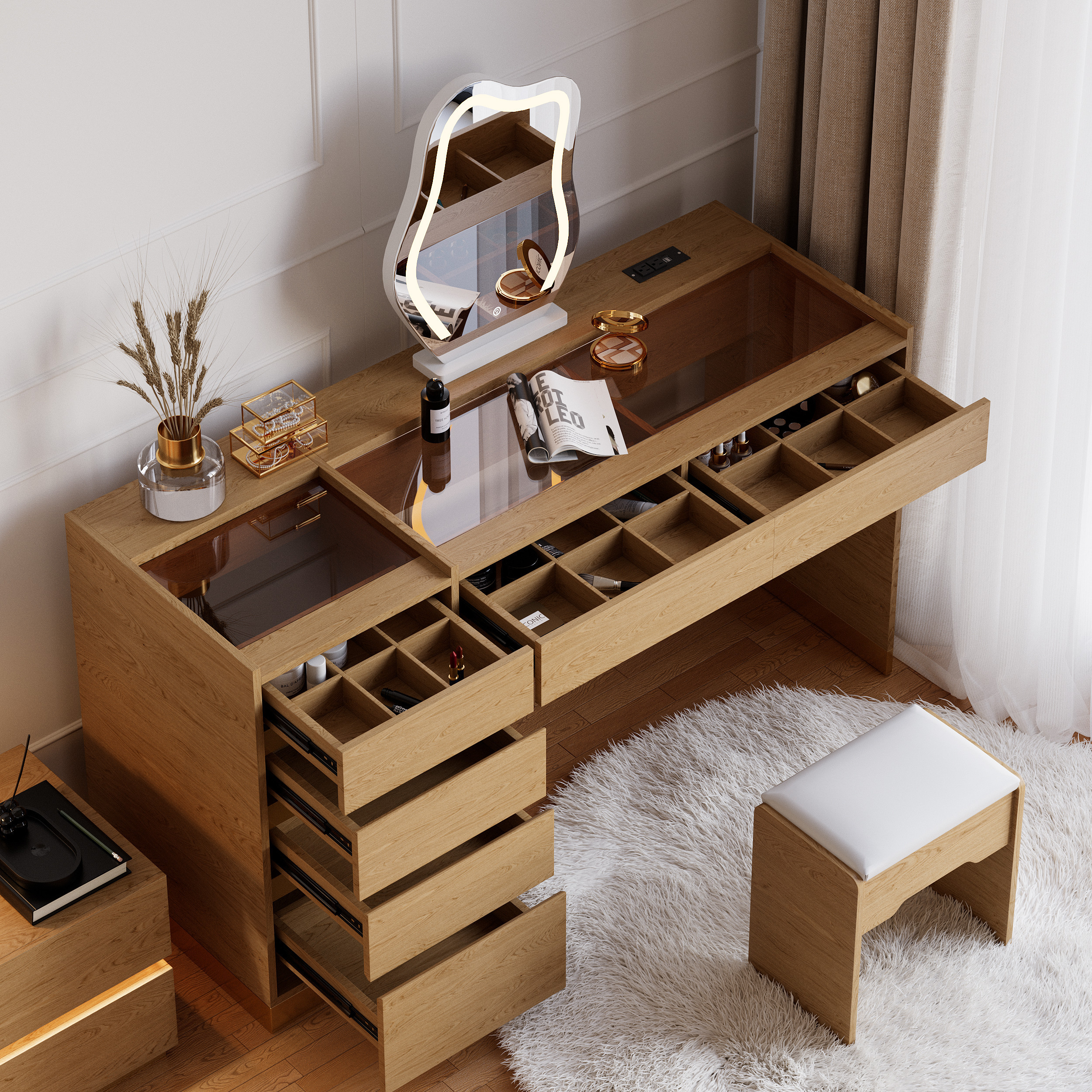 Modern Makeup Vanity Set with Lighted Vanity Mirror & Charging Station & Jewelry Storage Dressing Table | Homary