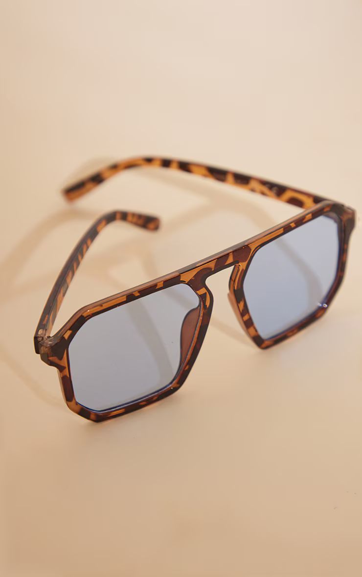Tortoiseshell Blue Lens Aviator Sunglasses | PrettyLittleThing US