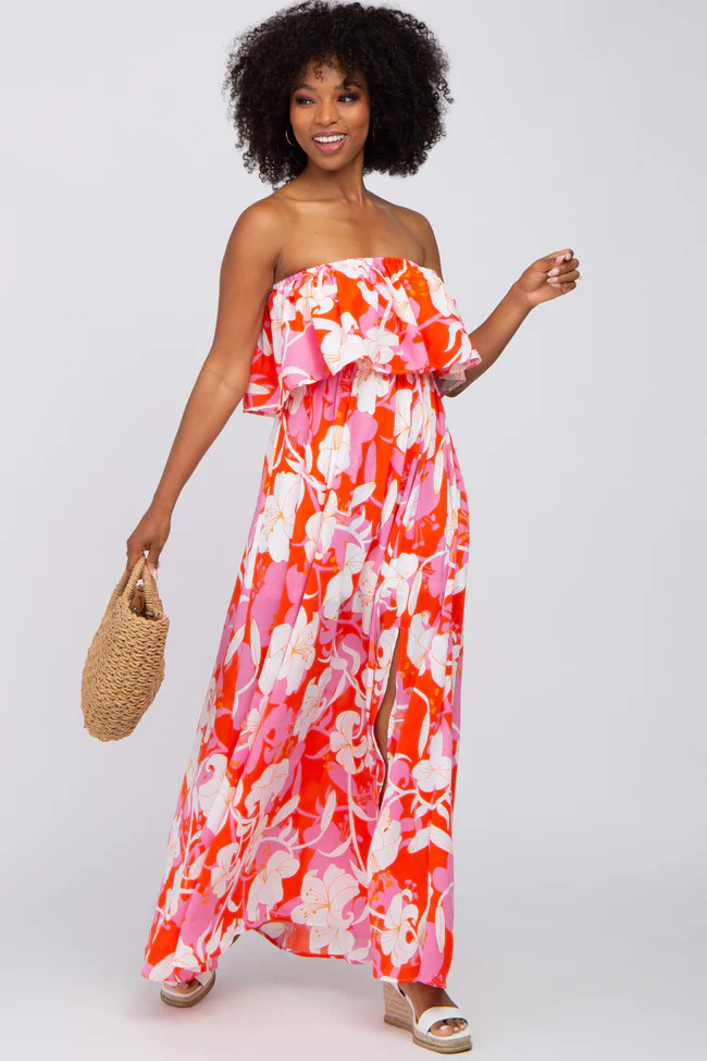 Pink Floral Flounce Strapless Maxi Dress | PinkBlush Maternity