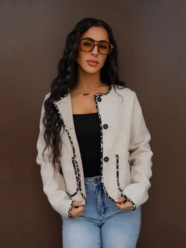 SAYEHFBABY Women's Casual Solid Color Blended Wool Short Tweed Jacket Fashion Street Leopard Prin... | SHEIN