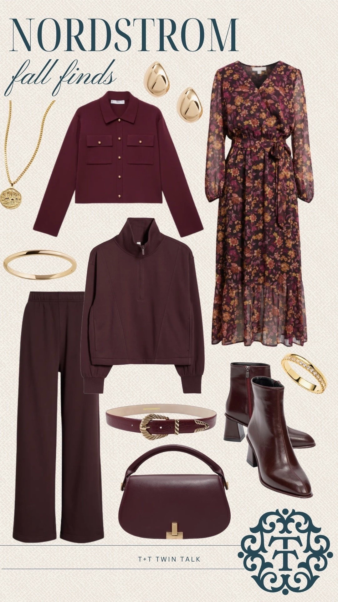 Nordstrom fall finds we are loving! Burgundy has been a trending color this season so we pulled our favorite pieces in that color like the long sleeve button down, matching lounging set, and booties. We are also loving the long sleeve patterned dress for a fall date night look! 

#LTKMidsize #LTKOver40 #LTKSeasonal