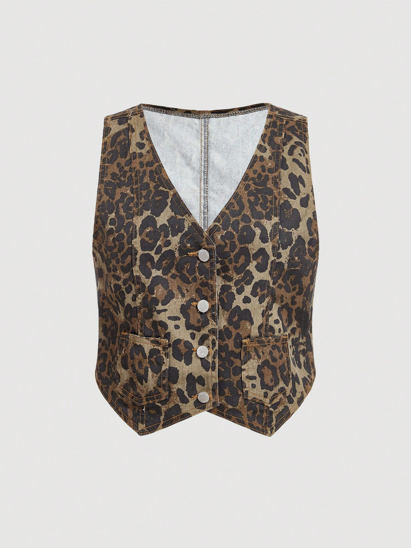 SHEIN MOD Plus Size V-Neck Leopard Print Front Button Sleeveless Denim Blouse | SHEIN USA | SHEIN