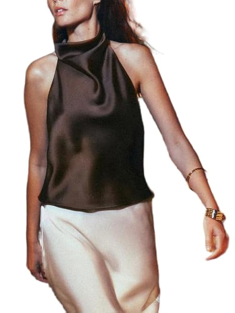 Women Backless Halter Tops Y2k Silk High Mock Neck Sleeveless Crop Tank Tops Sexy Satin Open Back... | Amazon (US)