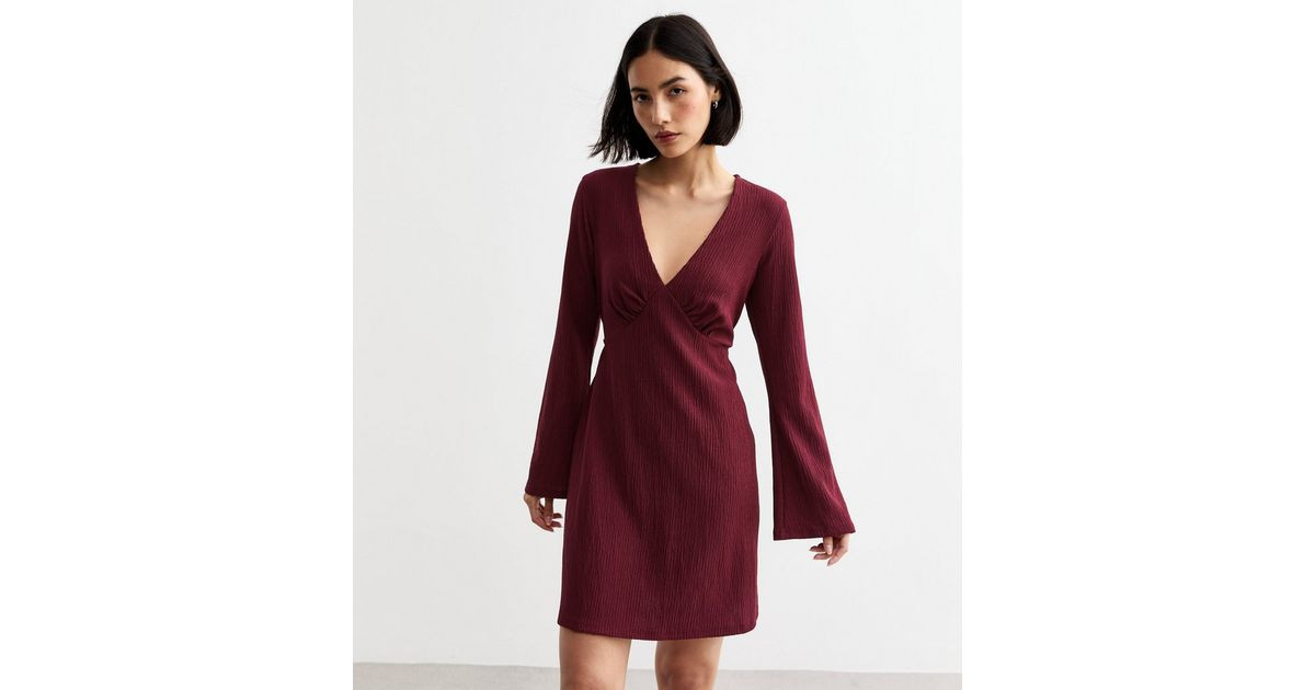 Burgundy Long Sleeve Crinkle Mini Dress | New Look | New Look (UK)