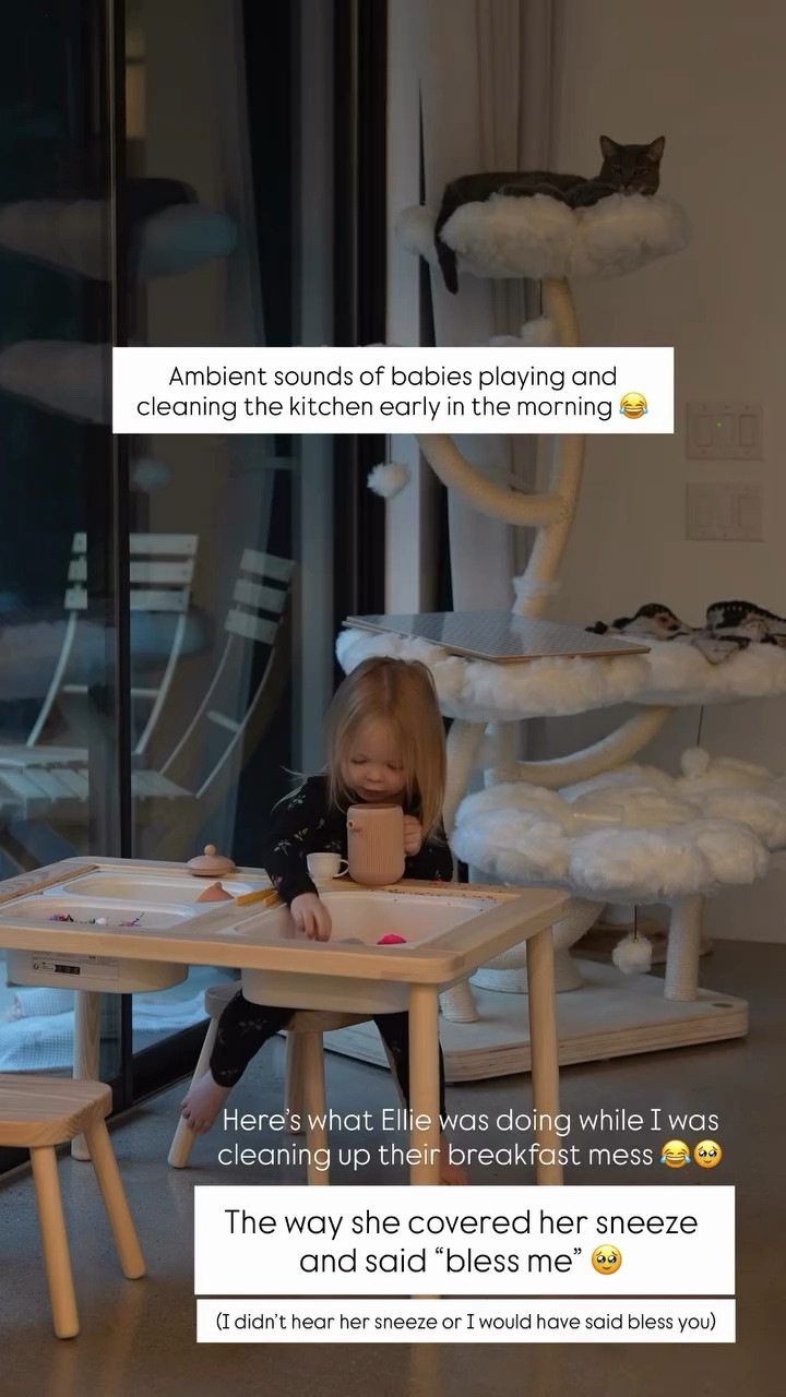 The way she covered her sneeze and said “bless me” 🥹 Ambient sounds of babies playing and cleaning the kitchen early in the morning 😂 

Here’s what Ellie was doing at her activity table while I was cleaning up their breakfast mess 😂🥹

#LTKKids #LTKmorningroutine #LTKHome
