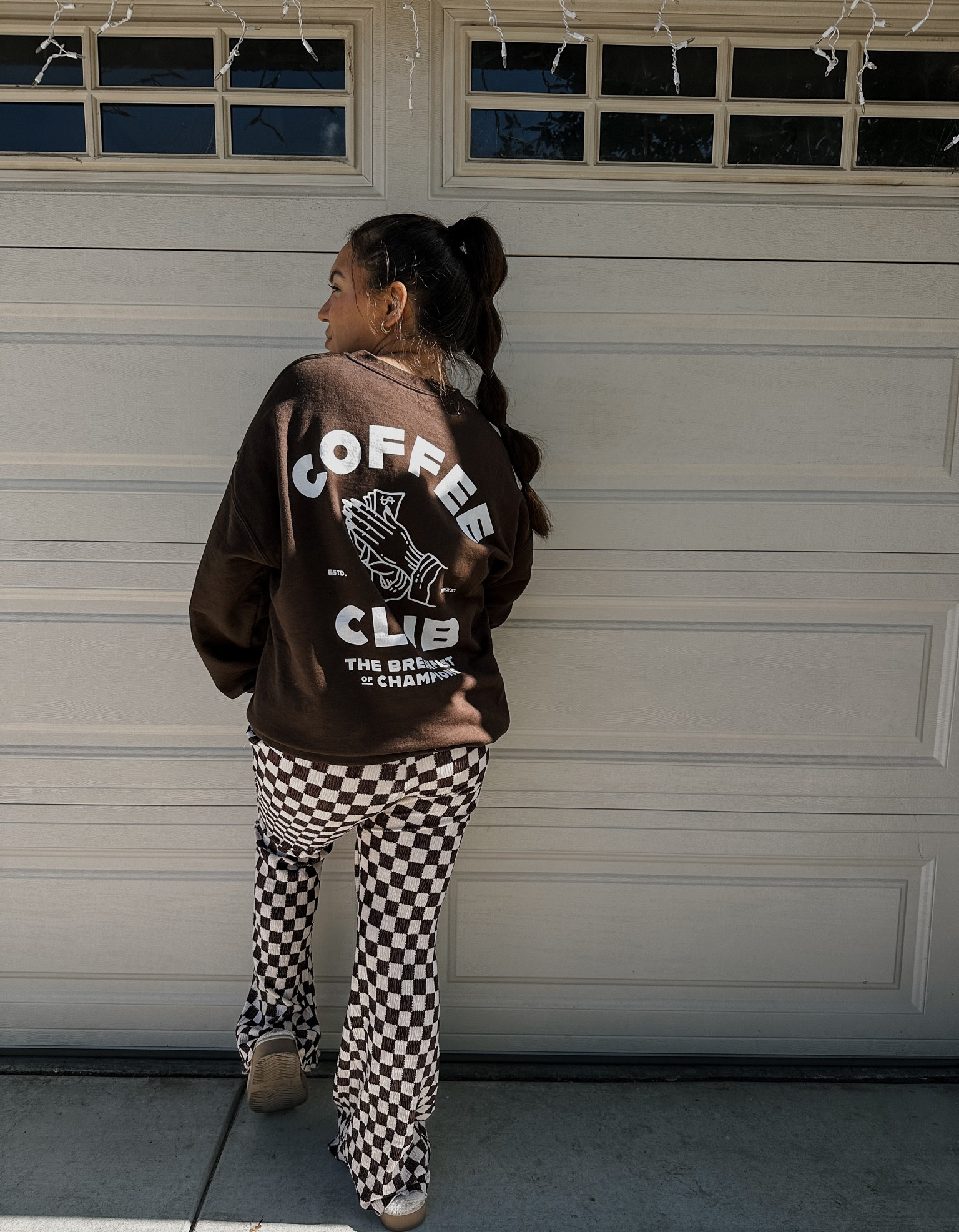 Forever part of the coffee club ☕️ 

Iced, of course. Use code MIRANDA at checkout for Slater Vintage. 

Pants are sold out. Linked another pair of checker pants similar 

Checker checkered checks espresso coffee crewneck brown flare pants pullover graphic 

#LTKStyleTip #LTKFindsUnder50 #LTKU