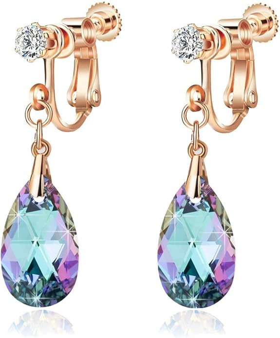 Teardrop Austrian Crystal Drop Clip On Dangle Earrings for Women Non Pierced 14K Rose Gold Plated... | Amazon (US)