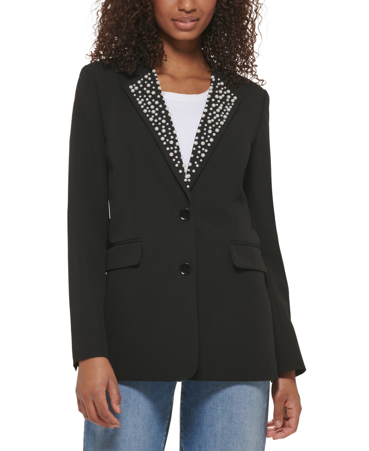 Karl Lagerfeld Paris Women's Imitation Pearl Collar Blazer - Black | Macy's
