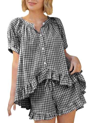 Kissonic Women Gingham 2 Piece Pajama Sets Cotton Pj Short Sleeve Rluffle Babydoll Shirt Shorts Summer Outfits(Black-M) | Amazon (US)