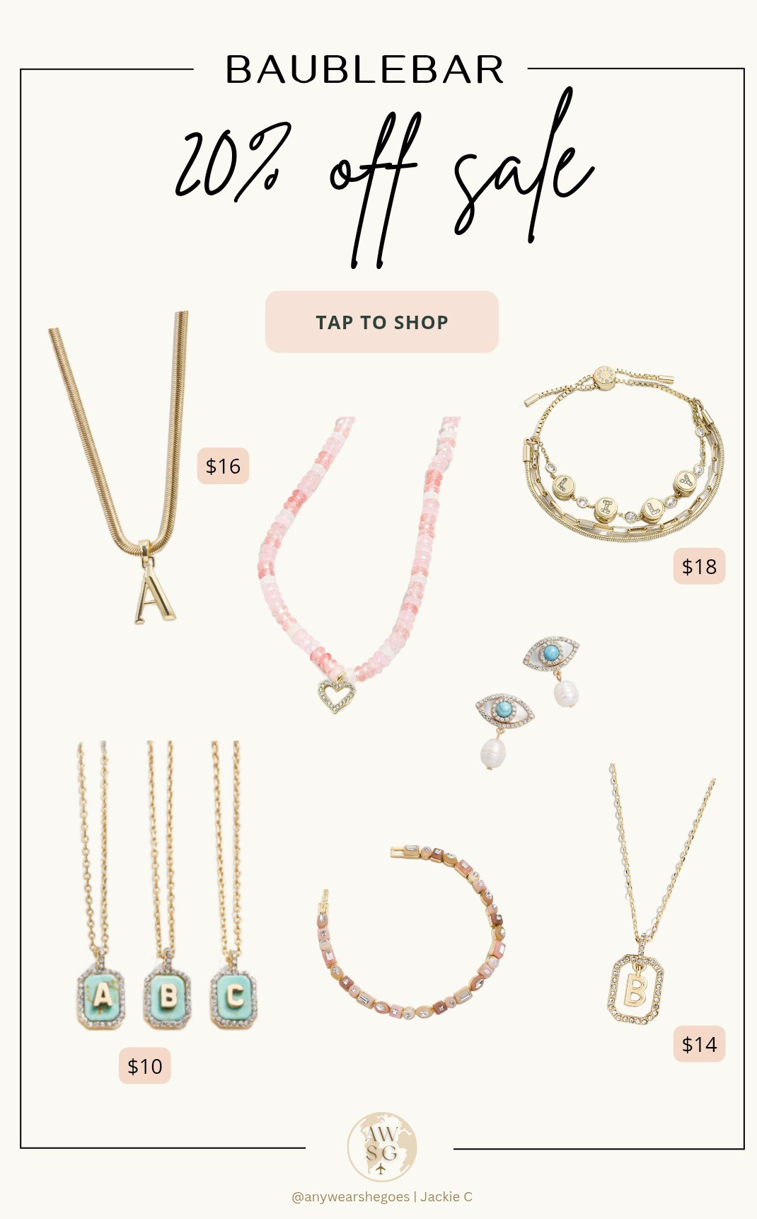 20% off sale at Baublebar! Custom bracelets, necklaces and jewelry. Gold initial necklaces, beaded necklace, turquoise pendant necklace, evil eye earrings.

#LTKSaleAlert #LTKFindsUnder50 #LTKFamily