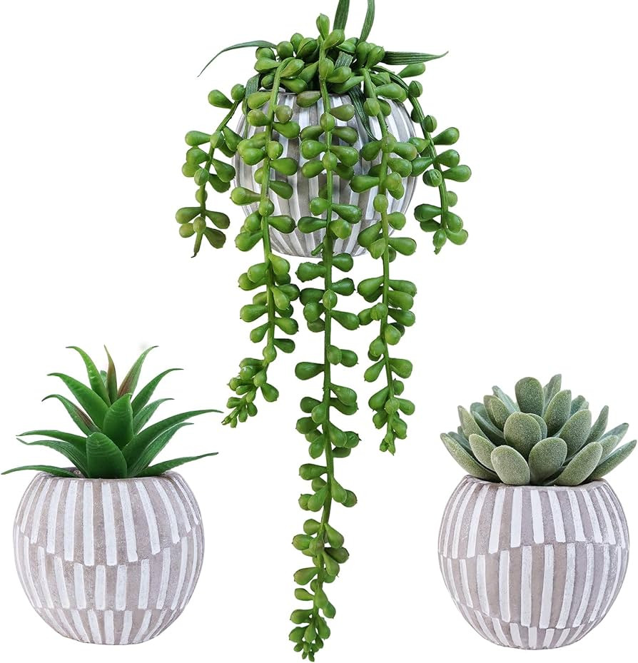 Winlyn 3 Pack Artificial Succulent Plants in Gray Geometric Concrete Pots Fake Aloe Echeveria Str... | Amazon (US)