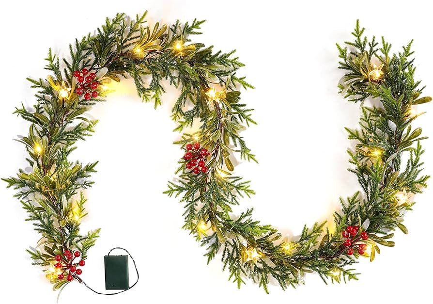 Pre-lit Christmas Garland with Lights, Battery Operated Garland with Star Berry Faux Spruce for O... | Amazon (US)