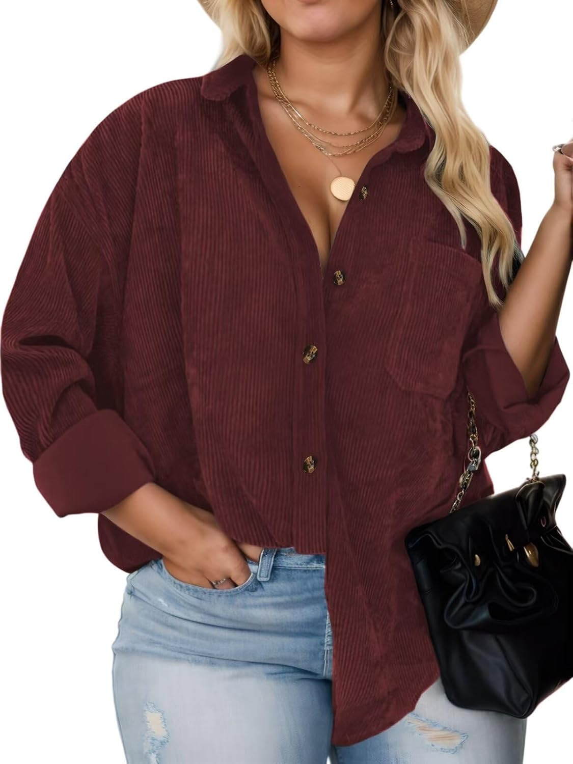 Plus Size Shackets for Women Fashion Fall Outfits Corduroy Shirts with Pockets Casual Long Sleeve Button Down Blouse Tops | Amazon (US)
