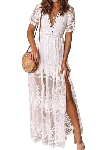 LRISES Womens V Neck White Floral Embroidered Lace Wedding Maxi Dress Boho Short Sleeve Slit Bridesmaid Evening Party Dresses | Amazon (US)