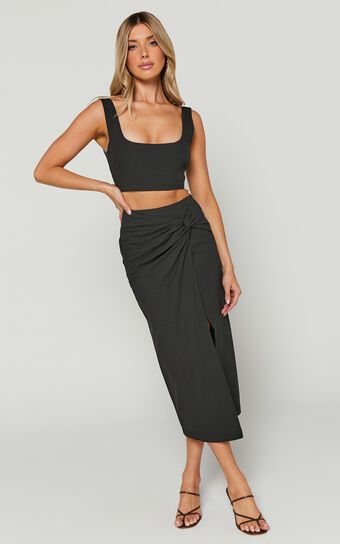 Gibson Two Piece Set - Crop Top and Knot Front Midi Skirt Set in Black | Showpo (US, UK & Europe)