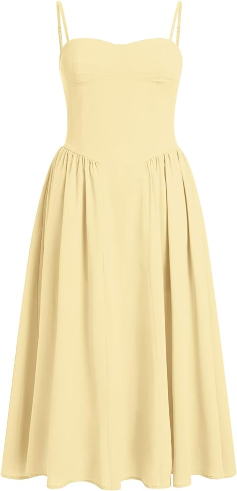 Women Floral Corset Dress Boho Spaghetti Strap Lace Up Casual Midi Dresses with Pockets Low Cut F... | Amazon (US)