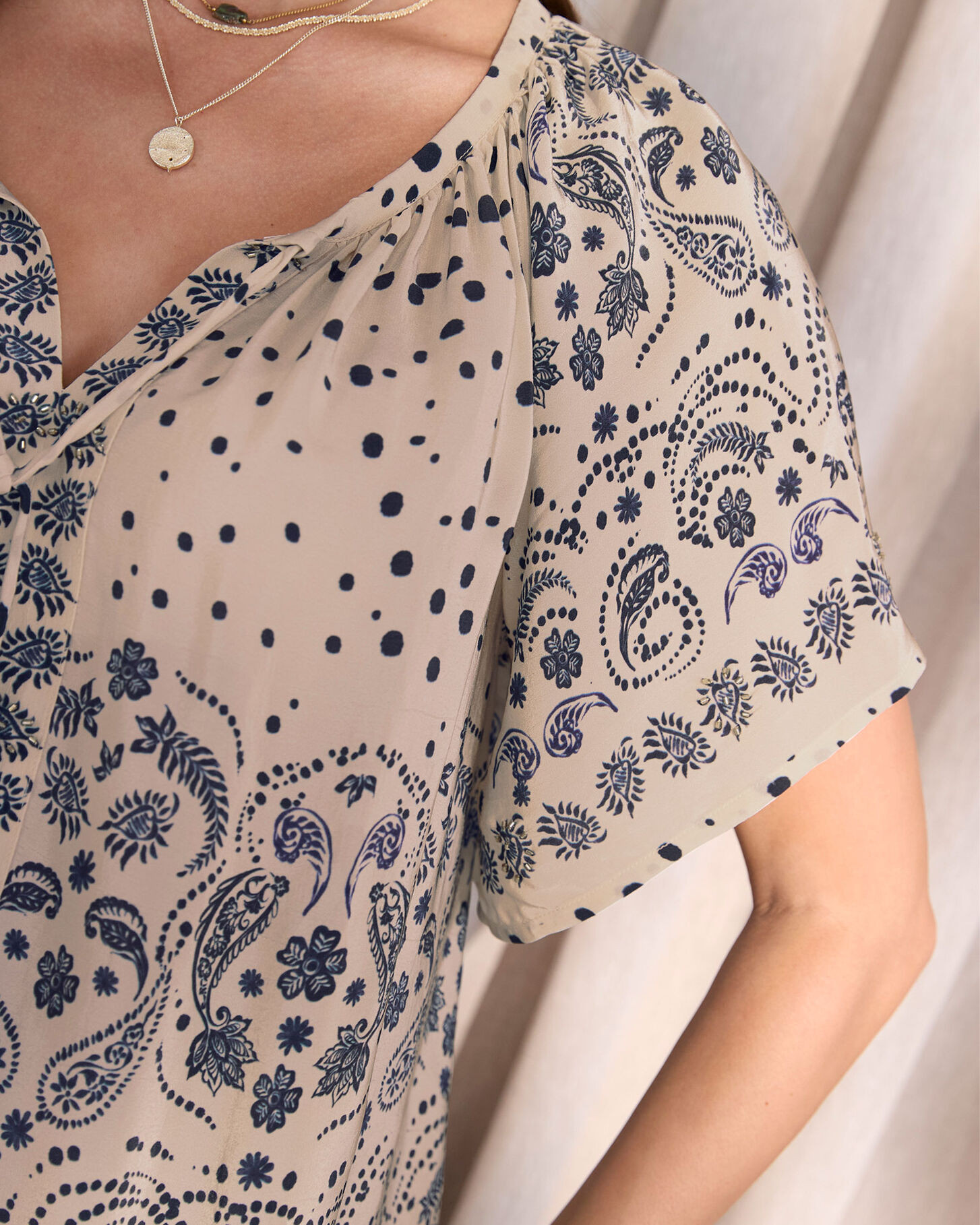 Short Sleeve Printed Tie Neck Blouse | Cotton Traders (UK)