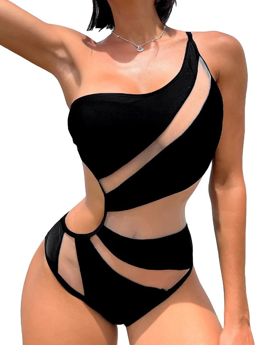 WDIRARA Women's One Shoulder Cut Out Mesh Contrast Sexy One Piece Swimsuit Bikini | Amazon (US)