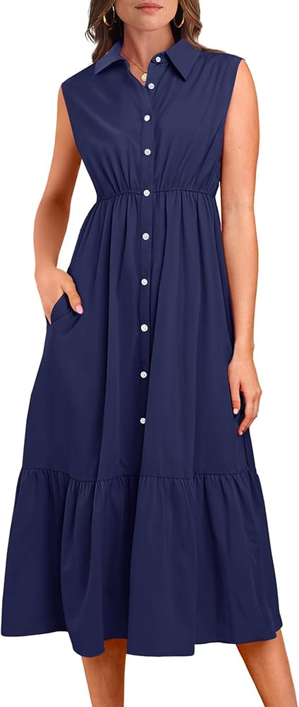 ANRABESS Womens Summer Button Down Shirt Dress Sleeveless Collared Tiered Maxi Dresses Casual Bea... | Amazon (US)