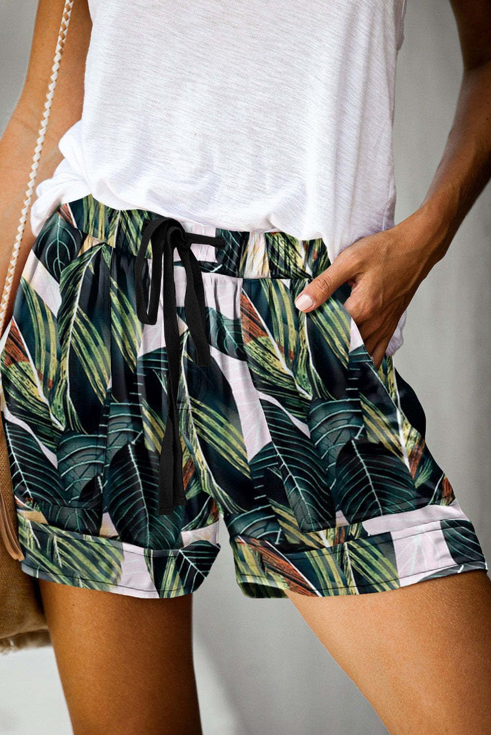 Green-4 Black Floral/Camouflague/Leopard Print Drawstring Casual Elastic Waist Pocketed Shorts | Evaless