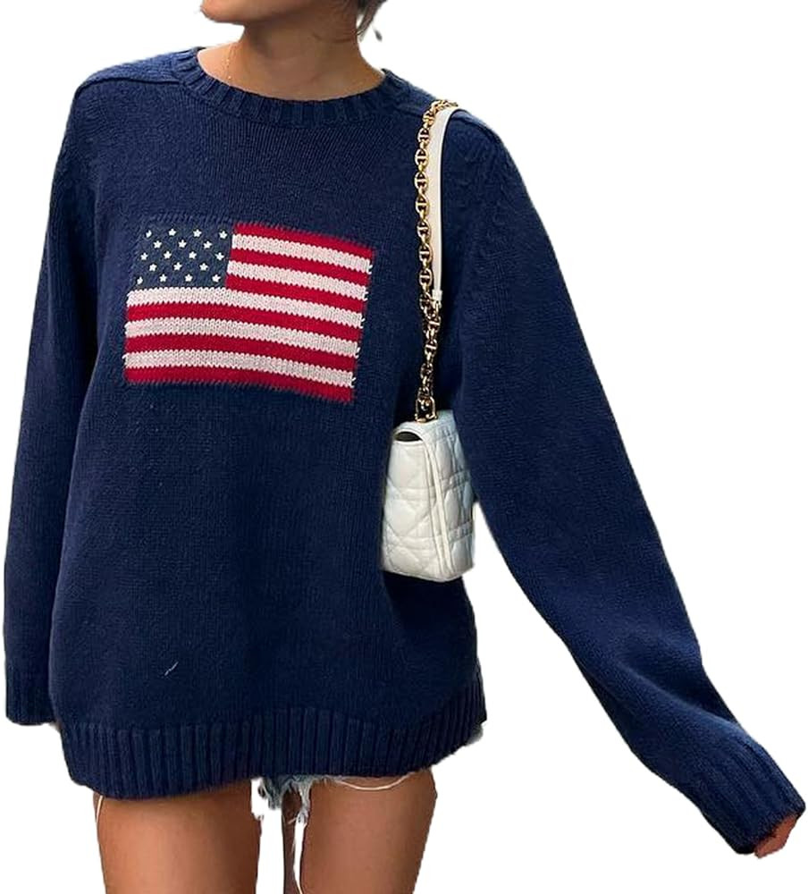 Women's American Flag Sweater Loose Long Sleeve Knit Pullover Top Vintage 4th of July Jumper Patr... | Amazon (US)