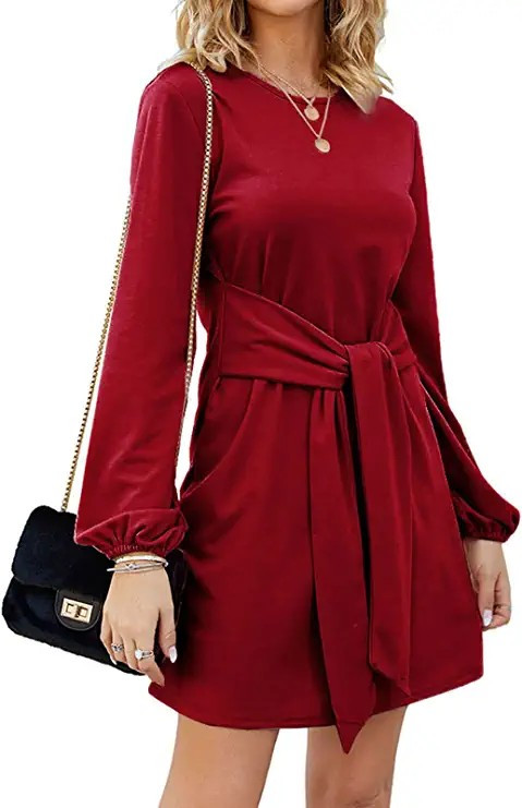 Tobrief Women's Fall Winter Long Lantern Sleeve Knit Short Dress Tie Waist Sweater Dress | Amazon (US)